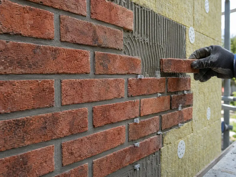 Red brick slips being bonded onto a base coat over mineral wool insulation, with grey mortar joints