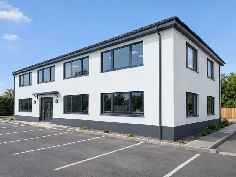 A two-storey commercial building finished in white insulated render with a charcoal plinth and dark windows