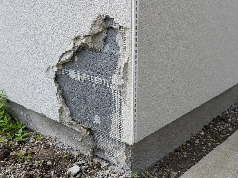A damaged corner of external wall insulation showing broken render, mesh and grey insulation board