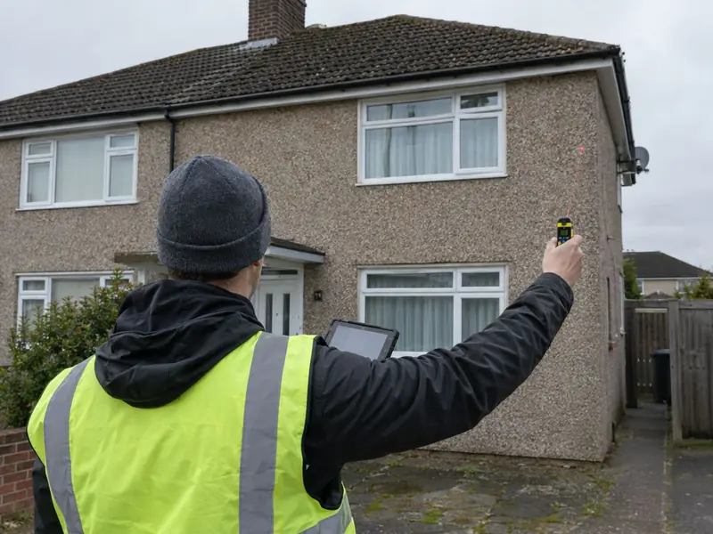 A surveyor in a hi-vis vest measuring a pebble-dashed semi-detached house with a laser measure and tablet