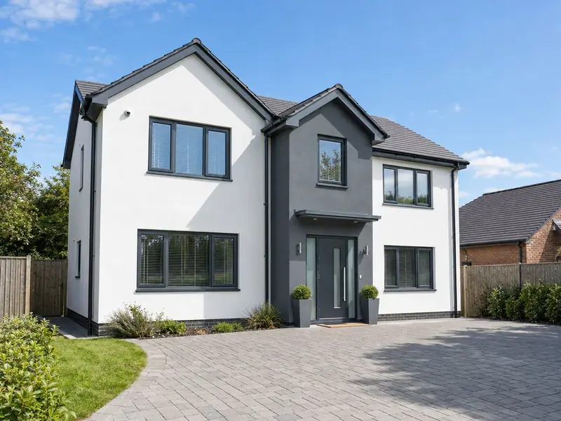 A modern detached house in crisp white insulated render with a charcoal grey render entrance bay