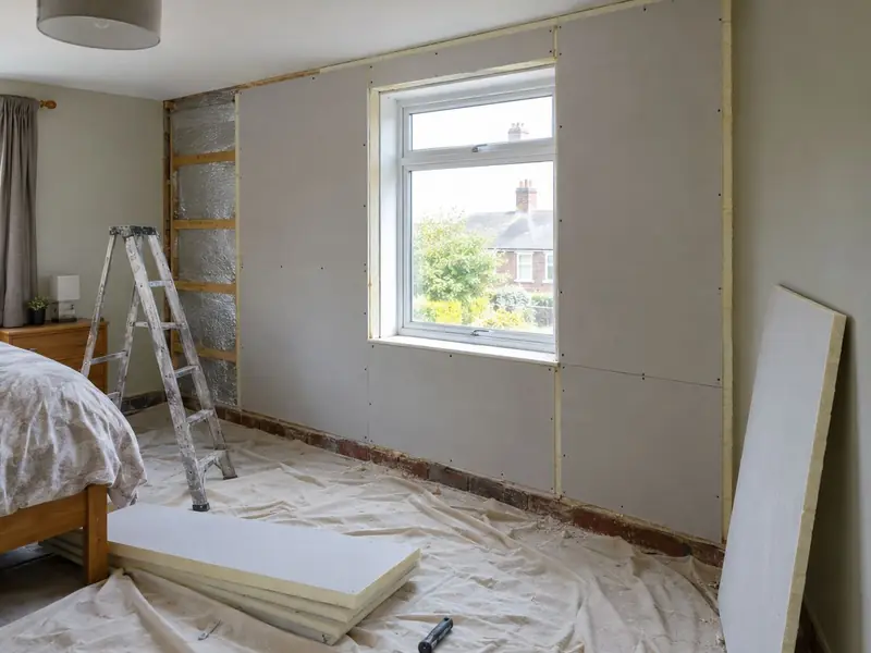 A bedroom wall being lined with insulated plasterboard around a window, with dust sheets and a stepladder