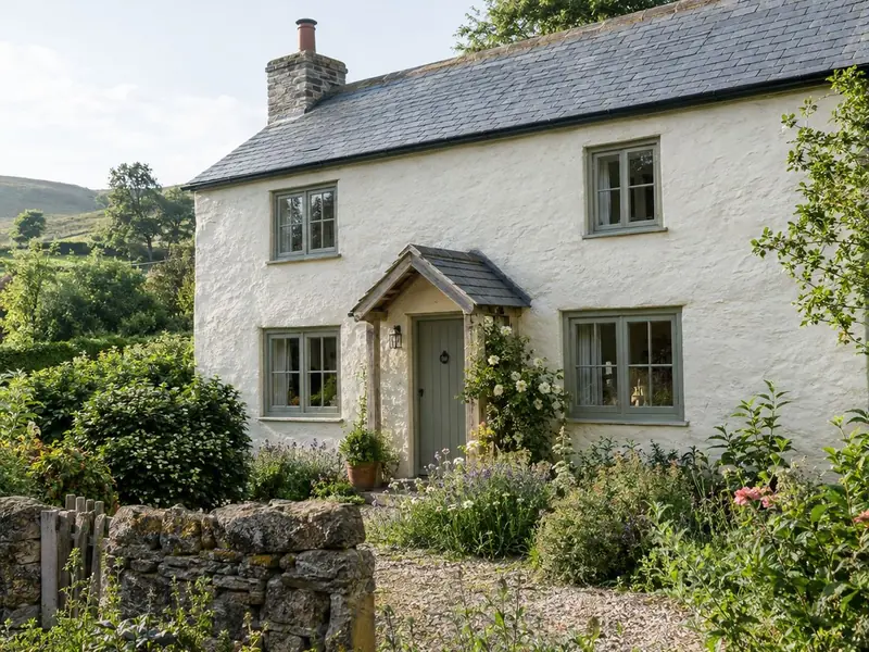 A stone cottage finished in warm off-white lime render with sage green windows and a cottage garden