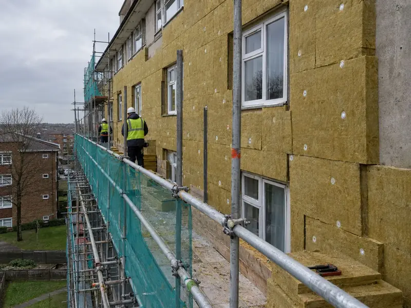 Mineral wool insulation slabs fixed to the wall of a low-rise block of flats behind scaffolding with debris netting