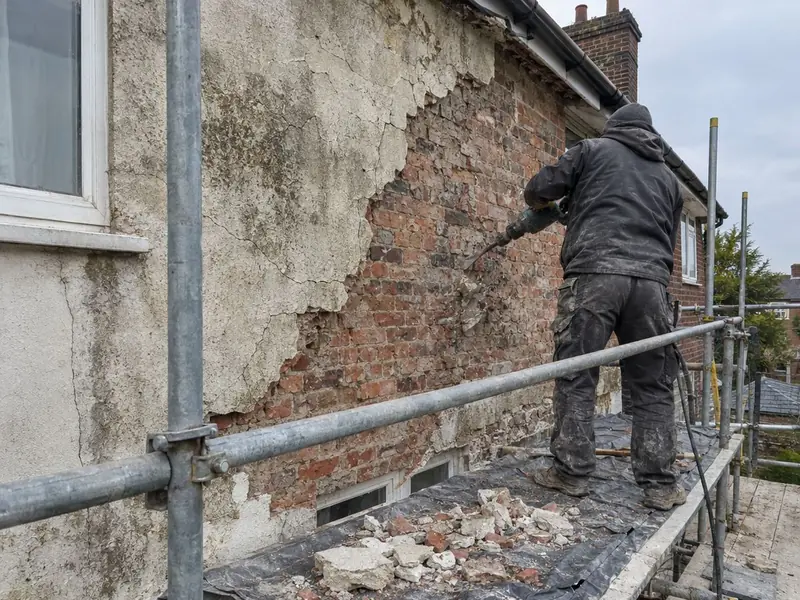A worker on scaffolding hacking off old cracked render to expose the brick wall underneath