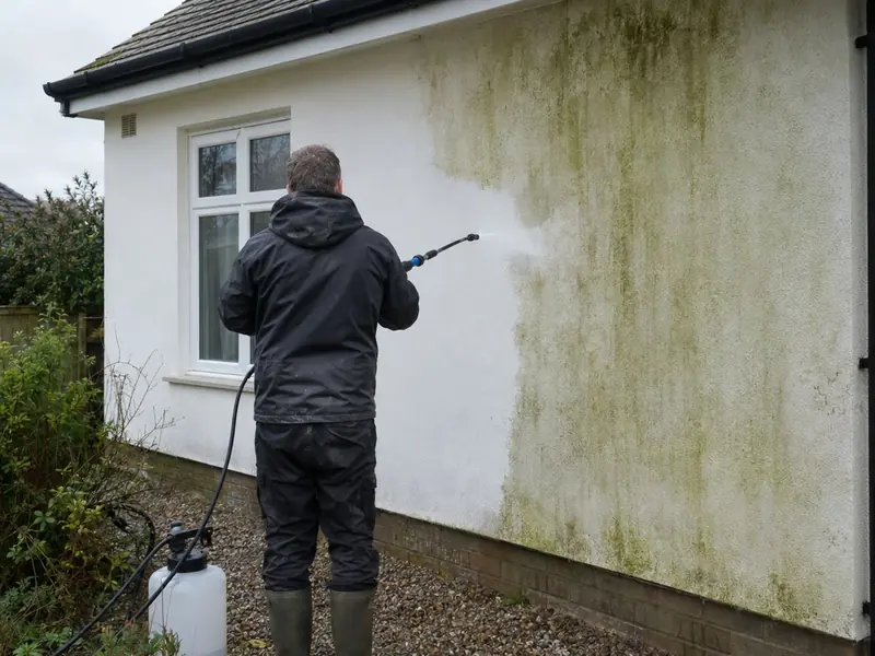 A worker soft-washing green algae from a white rendered wall, with one section already cleaned