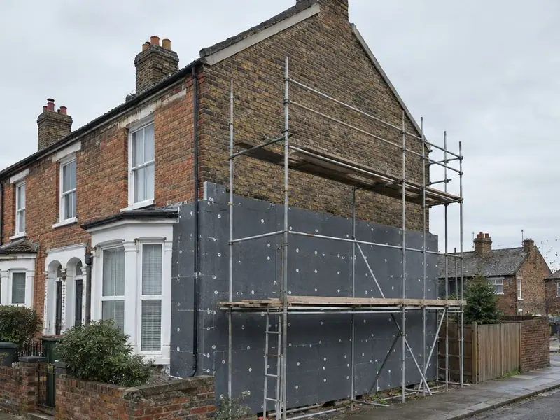 Victorian end-of-terrace house with dark insulation boards fixed to the lower half of the gable wall behind scaffolding