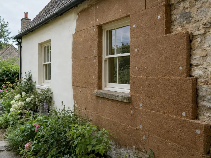 Brown wood fibre insulation boards fixed to an old stone cottage wall, with part of the wall already in lime render
